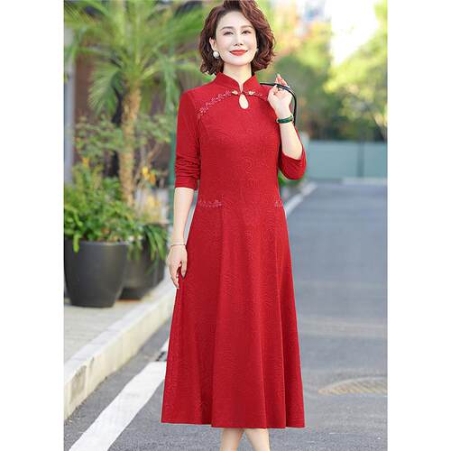 婚礼服妈妈春装长款旗袍连衣裙喜婆婆婚宴装洋气大码春秋打底衫女