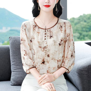 中年妈妈夏装圆领时尚碎花七分袖雪纺衫女士夏天中袖小衫减龄上衣