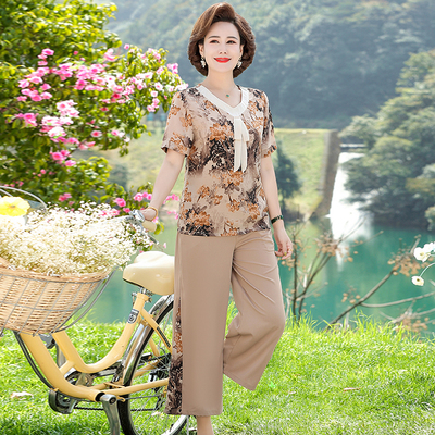 妈妈夏装短袖t恤2024新款雪纺洋气流行两件套中老年时尚套装女
