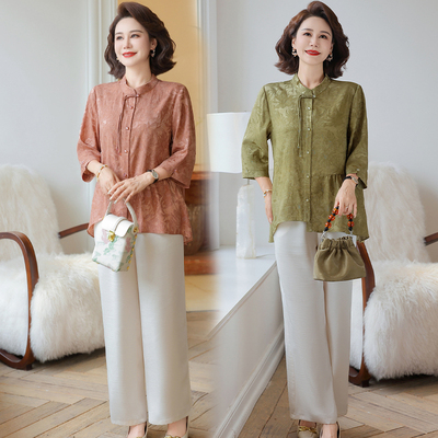 妈妈夏装衬衫2025新款时尚国风短袖上衣中老年女装阔腿裤两件套装