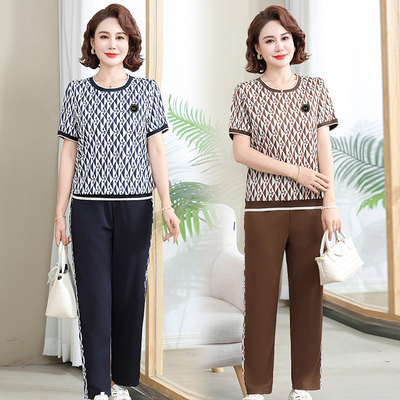 中年妈妈夏装套装薄款短袖上衣T恤两件套中老年女夏季时尚运动服