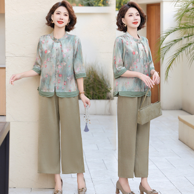 新中式妈妈夏装套装国风衬衫2025新款中老年夏季小衫上衣两件套女
