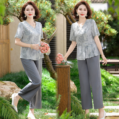 梵猫年轻妈妈夏装短袖套装洋气2025新款中老年女装夏季上衣两件套