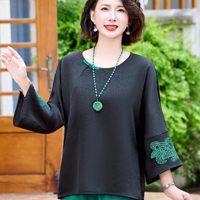 妈妈夏装高贵套装复古国风小衫阔腿裤中老年人女夏季洋气上衣大码