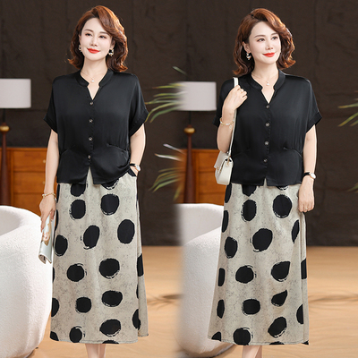 妈妈夏装短袖t恤2025新款连衣裙套装中老年女显瘦上衣洋气半身裙