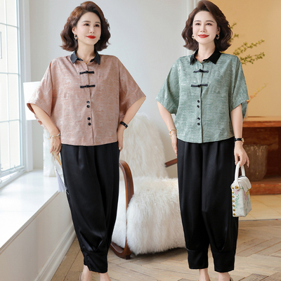 妈妈夏装套装洋气短袖衬衫2025新款中老年女夏季宽松遮肚大码上衣