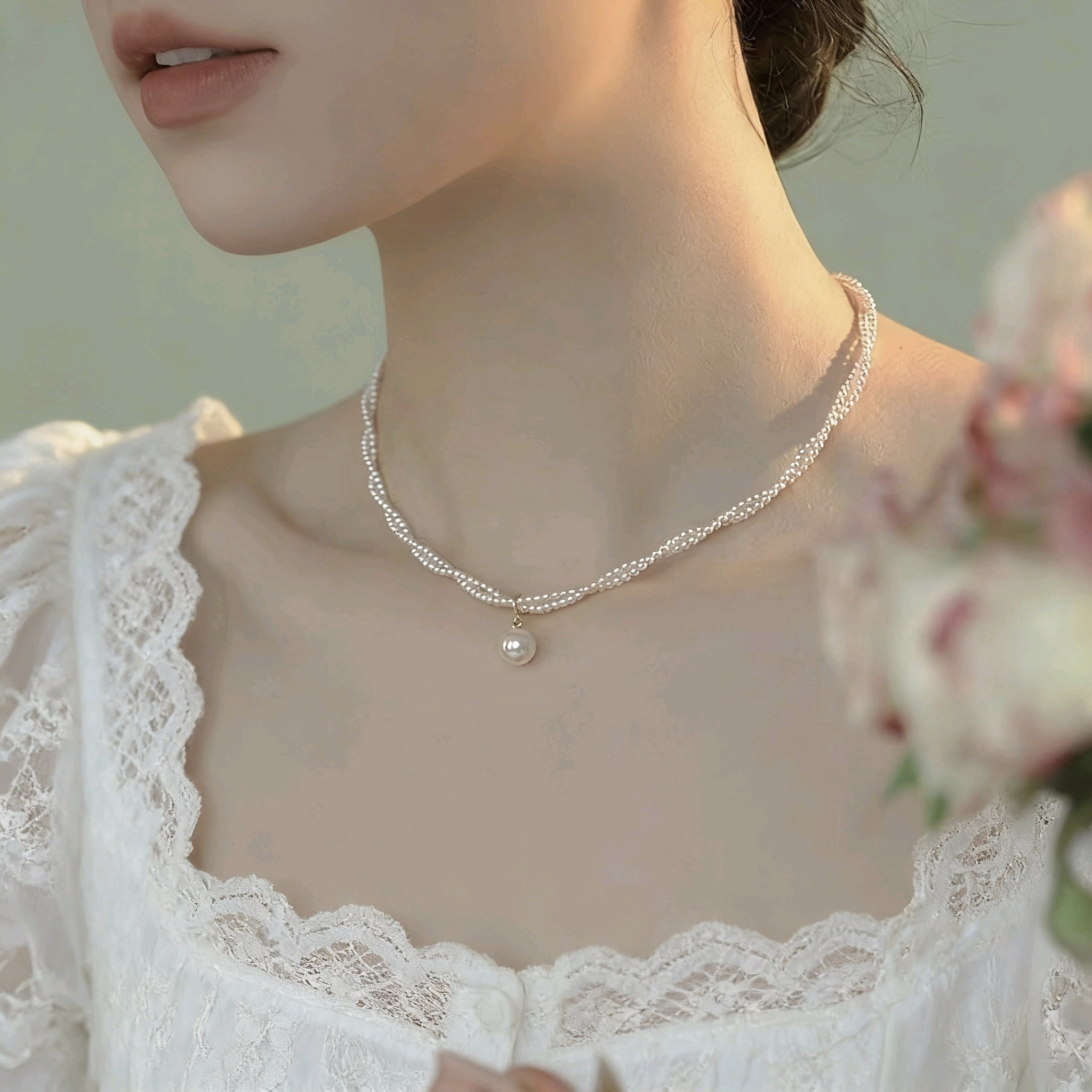 双层叠戴珍珠项链女颈链法式优雅气质小米珠吊坠高级小众礼物百搭