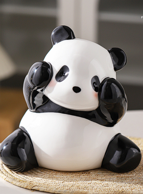 夫己纯手工陶瓷萌宠系列熊猫摆件可爱卧室餐厅茶几玄关摆件