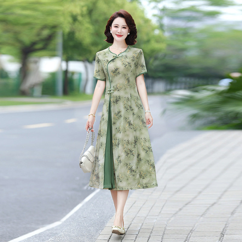 2025新款夏装中老年女装国风复古连身裙竹叶印花气质妈妈装裙子