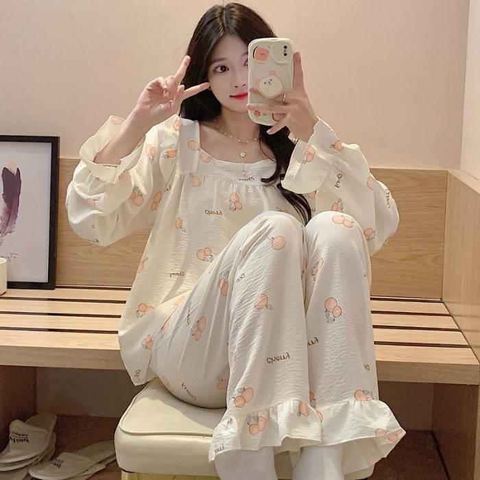春季睡衣女梭织爽棉韩版ins风长袖长裤甜美可爱家居服套装可外穿