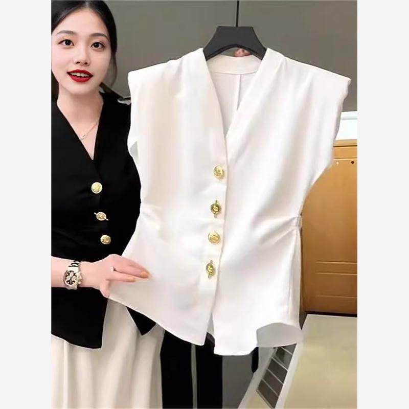 法式复古高级西装马甲女欧货夏洋气V领修身收腰重工纽扣无袖上衣