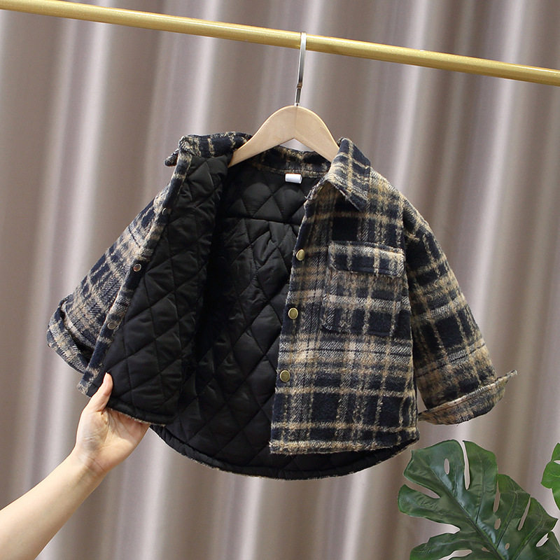 儿童秋冬夹棉衬衫2024冬款男女童韩版格子呢衬衣中大童痞帅外套潮