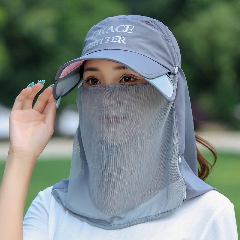 遮阳帽女夏季防晒遮脸透气棒球帽户外骑车伸缩帽檐可卸面纱太阳帽