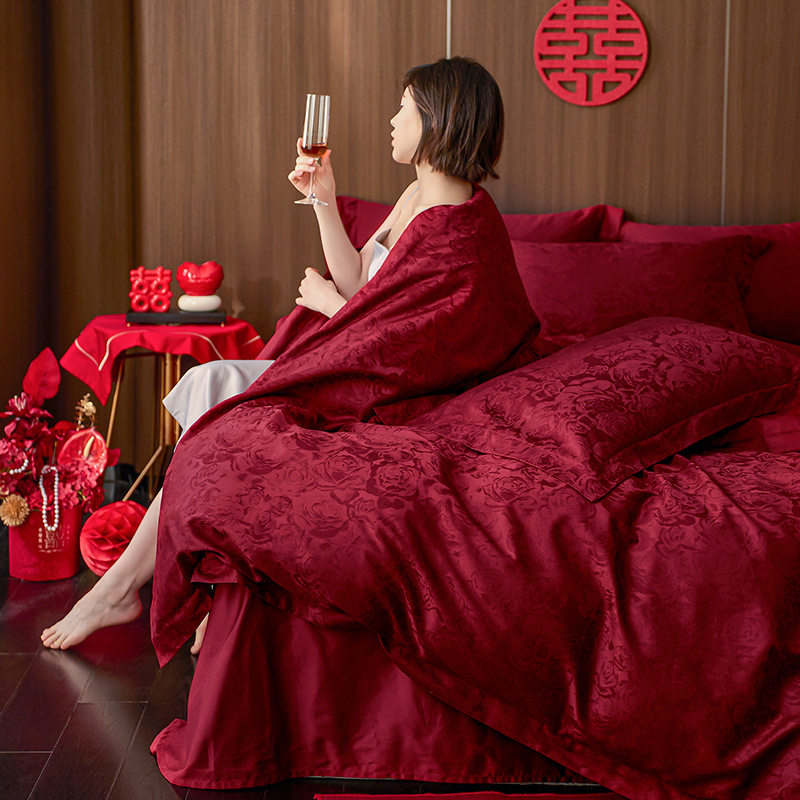 纯棉婚庆四件套全棉高级轻奢提花简约长绒棉婚嫁结婚用红色四件套