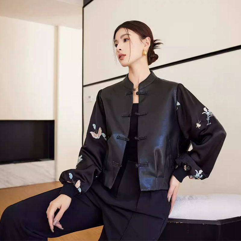 新中式真皮衣外套女春秋国潮短款中国风设计气质复古显瘦皮衣809