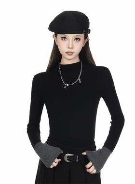 黑色半高领女式针织衫2025秋季小个子拼接下摆腰修身Look多功能长