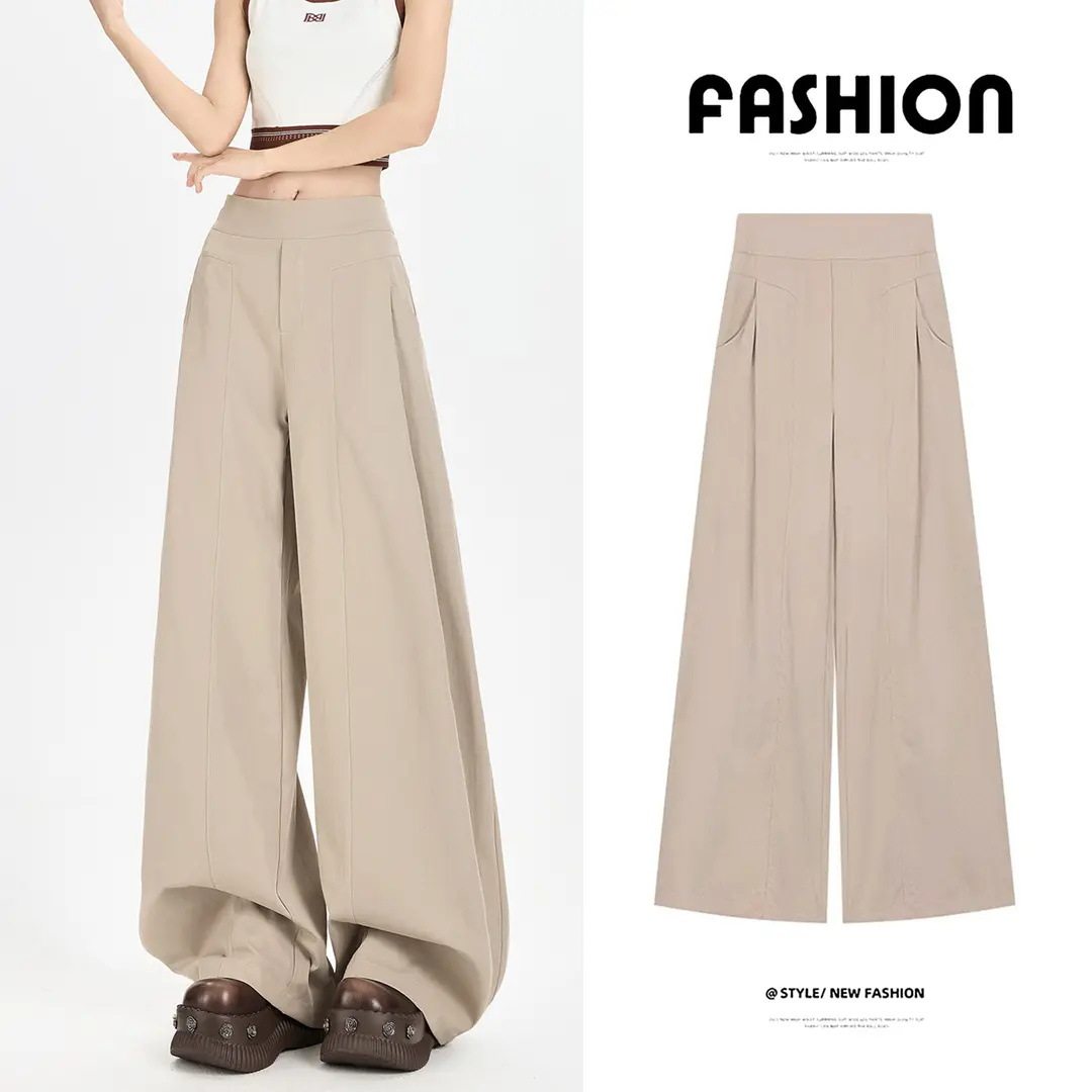 卡其色韩系垂感阔腿裤女夏季薄款慵懒风休闲裤高腰宽松感拖地长裤