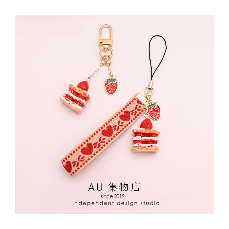 au原创日系可爱草莓蛋糕短款手腕手机挂绳创意少女挂件饰品挂饰29
