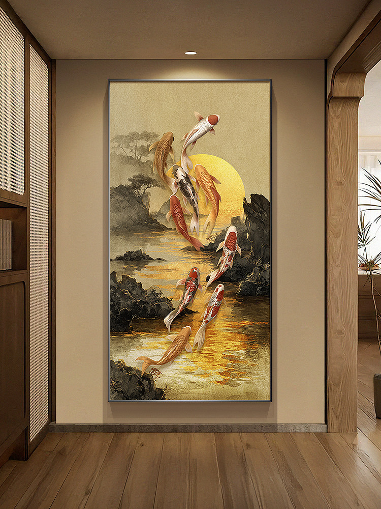 锦鲤九鱼图玄关装饰画宋代美学走廊挂画日出东方入户门正对墙壁画