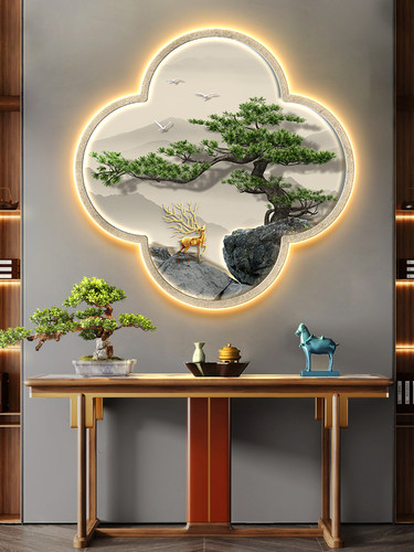 招财进宝麋鹿新中式入口装饰画高端迎宾松餐厅壁画客厅寓意好挂画