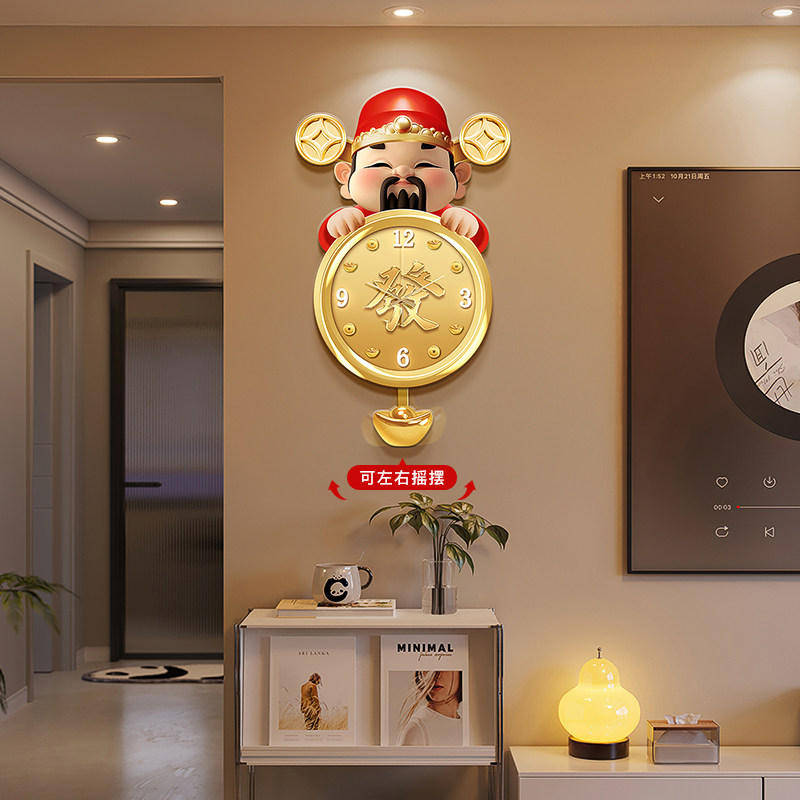 新中式财神爷摇摆钟客厅背景墙挂画饭厅钟表装饰画走廊时钟壁饰画