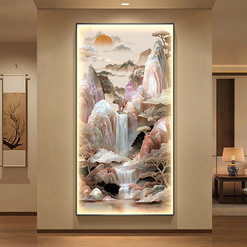 新中式流水生财玄关装饰画珐琅彩山水走廊挂画日出东方入户壁画灯