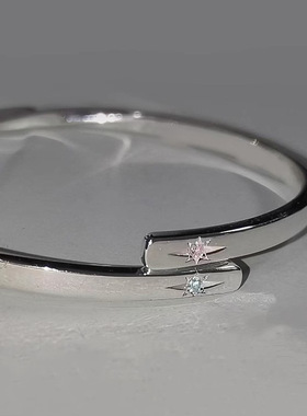 真金电镀保色高版本亮面银色镶嵌双星芒银手镯女高端时尚