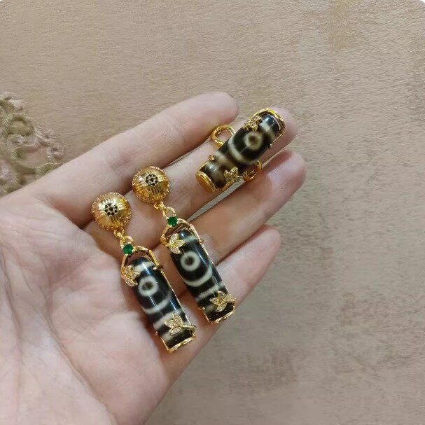 新款现货高品质西藏真品一眼镶嵌玛垴天珠耳钉戒指耳饰