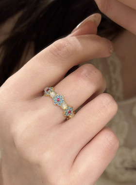 v金材质厚金电镀古法新中式古典蓝色花朵戒指珐琅玉髓青花瓷指环