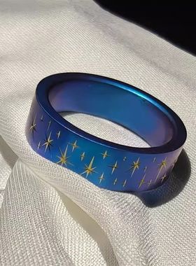新款现货高版本【双猫摘星】宽面炫彩蓝戒指星芒食指戒