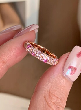 真金电镀保色玫瑰金色渐变蜜桃粉白钻密镶圆珠叠戴戒指