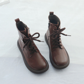 真皮小短靴女秋冬新款 单靴软底软面加绒棉皮鞋 复古平底英伦马丁靴