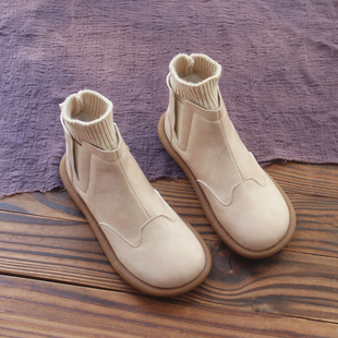 复古短靴女2025新款 秋冬女靴文艺百搭软底马丁靴女平底毛线口袜靴