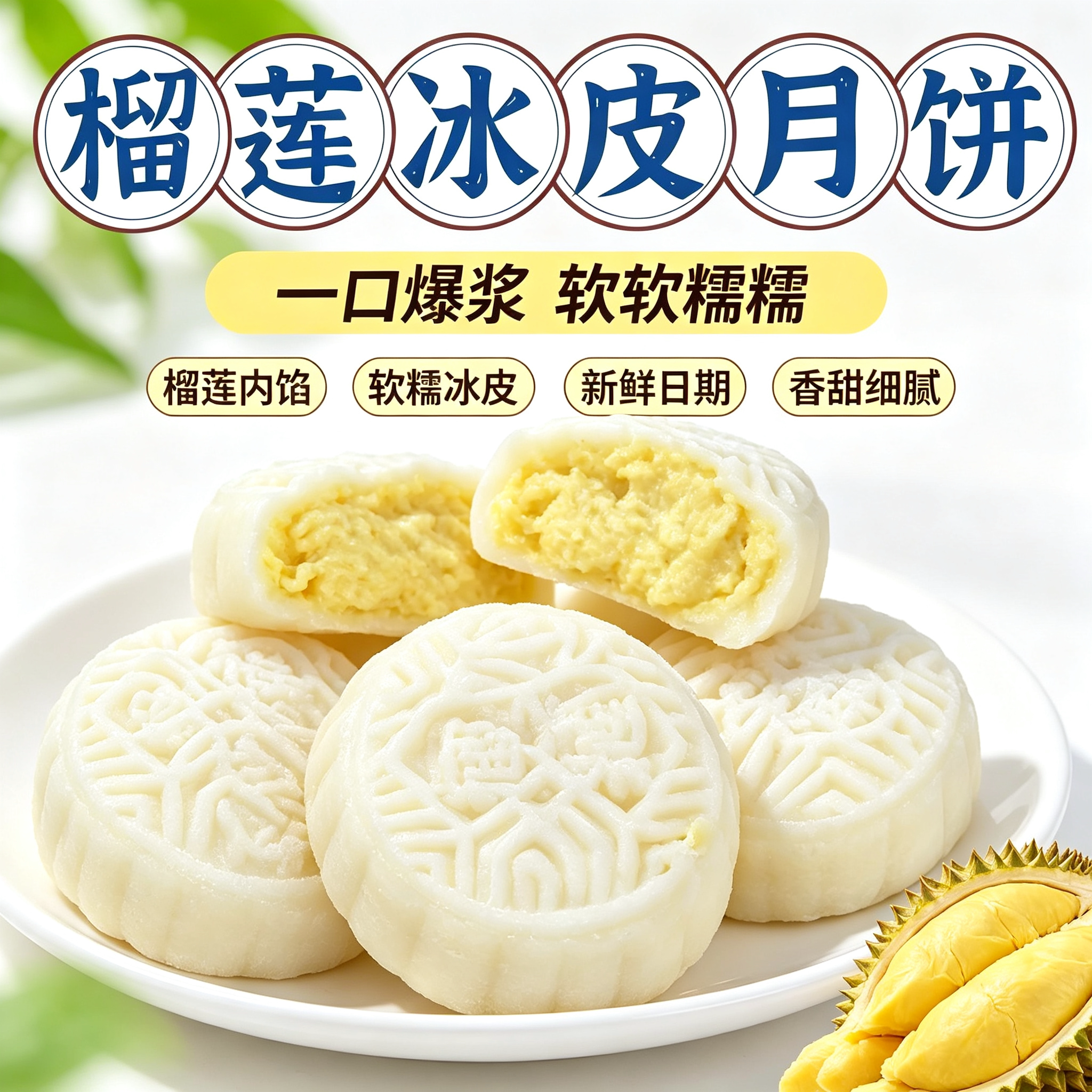 【口口榴香】榴莲冰皮味月饼网红糯叽叽中秋下午茶零食点心福团