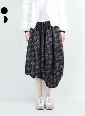 未知未觉原创设计菱形格纹复古松紧腰不规则半身裙女W341Q16424