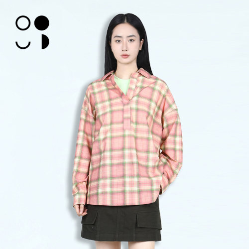 WELKIN&WZWJ2026春新品氛围感宽松慵懒长袖格子港风粉色衬衣女