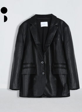 未知未觉时尚黑色高级感复古宽松长袖PU皮西装外套女W334X16450