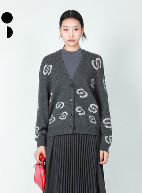 未知未觉时尚复古V领宽松长袖针织撞色提花羊毛开衫女W446M34006