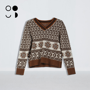 针织衫 学院风v领长袖 提花复古毛衣女W443M29075 短款 未知未觉时尚