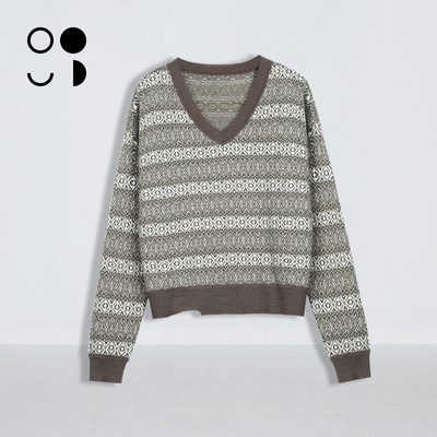 复古慵懒风纹针织衫V领毛衣