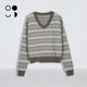 未知未觉复古慵懒风宽松长袖 条纹针织衫 外穿V领毛衣女W333M24044