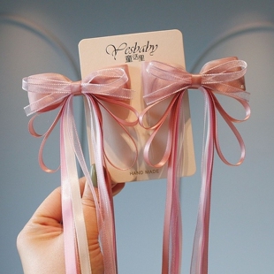 汉服头饰女儿童发带女绑发粉色蝴蝶结发夹编发女童公主长飘带头花