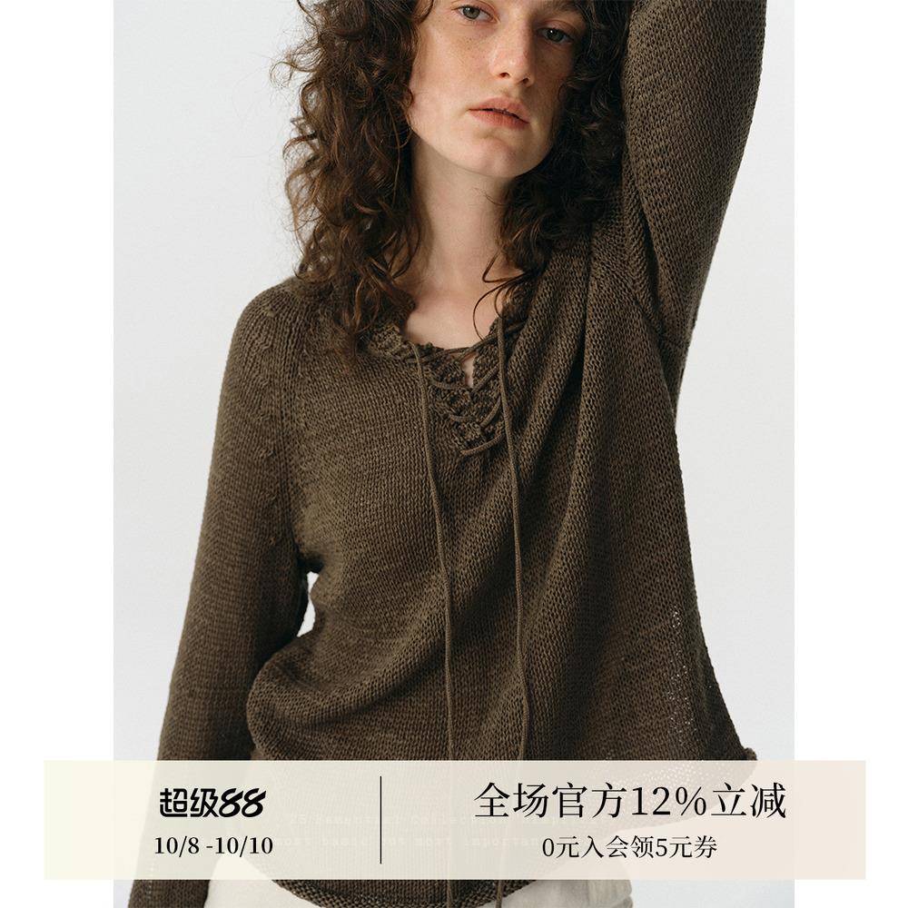 谁桃子纯色镂空绑带长袖针织衫女新款宽松显瘦上衣罗马绑带套头衫