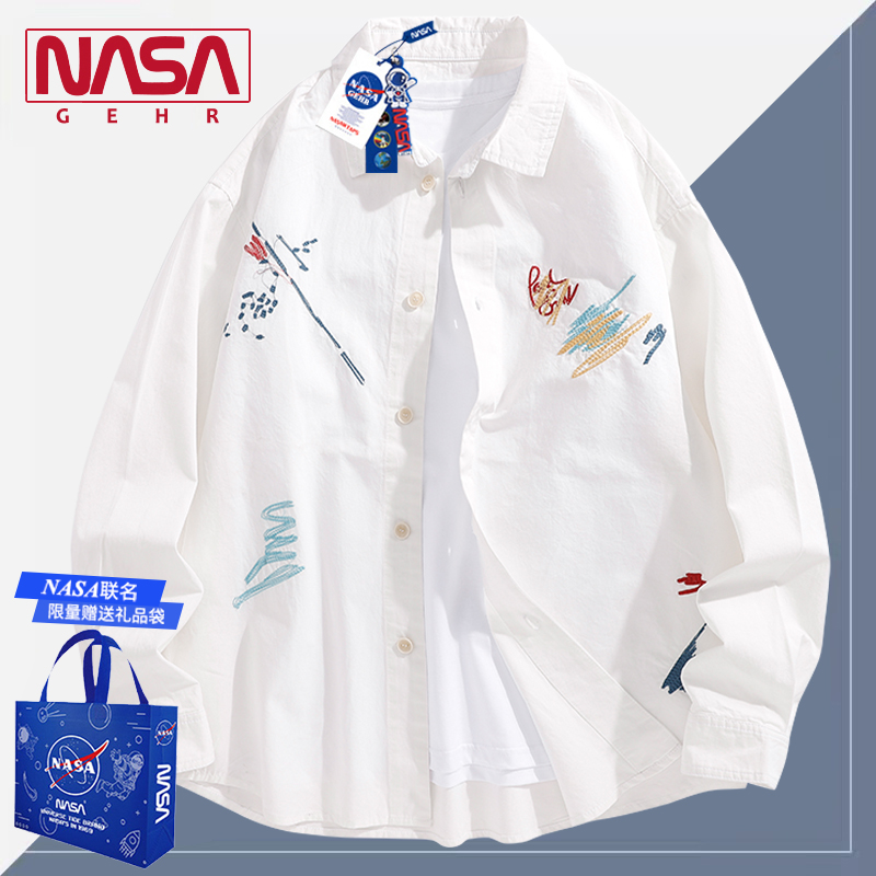 NASA联名白衬衫男长袖新疆棉春秋季美式夹克2025新款纯棉衬衣外套