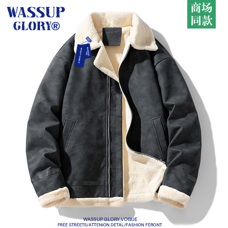 WASSUP GLORY美式复古皮衣男冬季加绒加厚翻领皮夹克皮毛一体外套