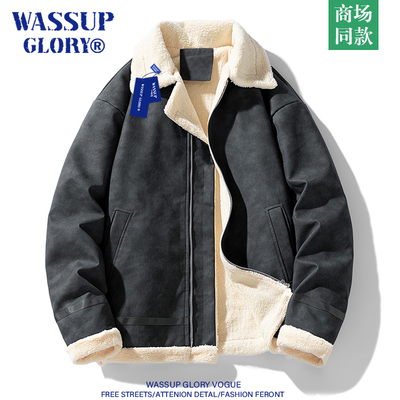WASSUP GLORY美式复古皮衣男冬季加绒加厚翻领皮夹克皮毛一体外套