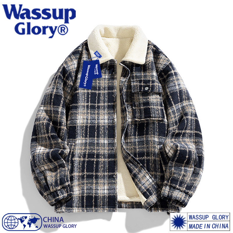 WASSUP GLORY美式小香风格子外套男秋冬羊羔绒加绒加厚高级感夹克