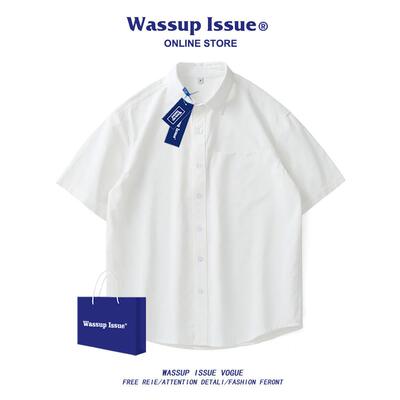 WASSUP ISSUE美式重磅纯棉衬衫短袖男夏季潮牌复古衬衫纯色白衬衣