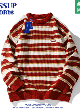 WASSUP GLORY加厚条纹圆领毛衣男秋冬季宽松打底衫红色保暖针织衫