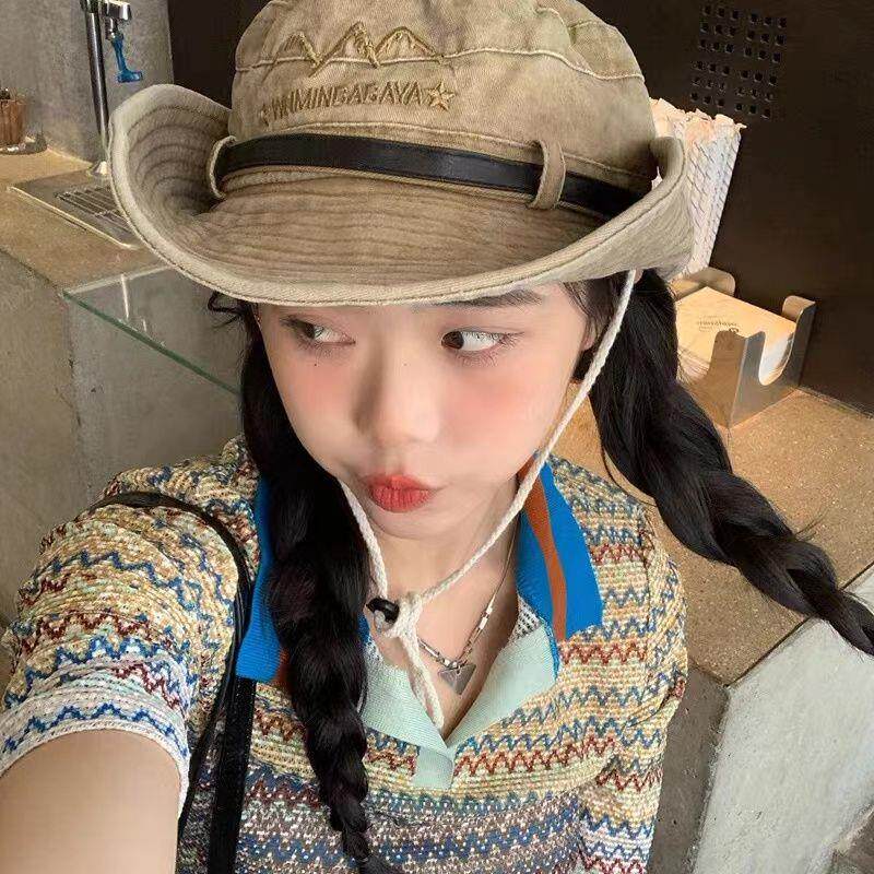 西部辣妹牛仔帽子女复古水洗抽绳渔夫帽防晒遮阳帽户外登山太阳帽